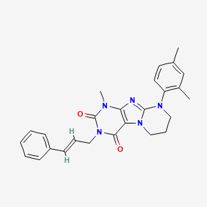 molecular formula C26H27N5O2 B2879195 3-cinnamyl-9-(2,4-dimethylphenyl)-1-methyl-6,7,8,9-tetrahydropyrimido[2,1-f]purine-2,4(1H,3H)-dione CAS No. 941900-30-7