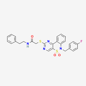 molecular formula C27H23FN4O3S2 B2879199 2-((6-(4-氟苄基)-5,5-二氧化-6H-苯并[c]嘧啶并[4,5-e][1,2]噻嗪-2-基)硫代)-N-苯乙基乙酰胺 CAS No. 895098-62-1