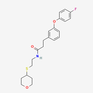 molecular formula C22H26FNO3S B2879345 3-(3-(4-fluorophenoxy)phenyl)-N-(2-((tetrahydro-2H-pyran-4-yl)thio)ethyl)propanamide CAS No. 2034484-77-8