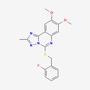 molecular formula C19H17FN4O2S B2879348 5-[(2-Fluorobenzyl)sulfanyl]-8,9-dimethoxy-2-methyl[1,2,4]triazolo[1,5-c]quinazoline CAS No. 902432-68-2