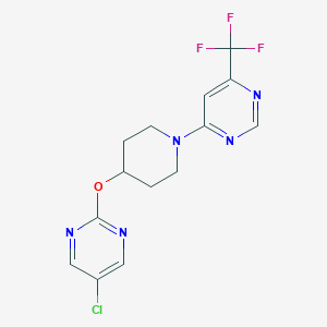 molecular formula C14H13ClF3N5O B2879356 4-[4-(5-Chloropyrimidin-2-yl)oxypiperidin-1-yl]-6-(trifluoromethyl)pyrimidine CAS No. 2415499-34-0