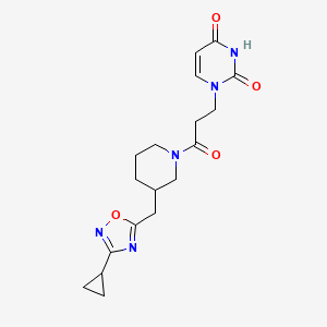 molecular formula C18H23N5O4 B2879365 1-(3-(3-((3-cyclopropyl-1,2,4-oxadiazol-5-yl)methyl)piperidin-1-yl)-3-oxopropyl)pyrimidine-2,4(1H,3H)-dione CAS No. 1705213-43-9