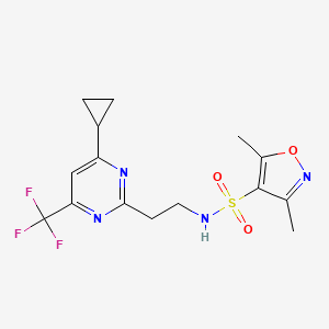 molecular formula C15H17F3N4O3S B2879432 N-(2-(4-cyclopropyl-6-(trifluoromethyl)pyrimidin-2-yl)ethyl)-3,5-dimethylisoxazole-4-sulfonamide CAS No. 1421583-34-7