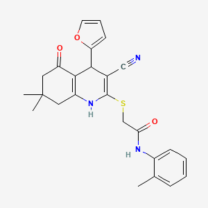 molecular formula C25H25N3O3S B2879433 2-[[3-cyano-4-(furan-2-yl)-7,7-dimethyl-5-oxo-1,4,6,8-tetrahydroquinolin-2-yl]sulfanyl]-N-(2-methylphenyl)acetamide CAS No. 865612-46-0