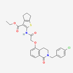 molecular formula C28H27ClN2O5S B2879438 ethyl 2-(2-((2-(4-chlorobenzyl)-1-oxo-1,2,3,4-tetrahydroisoquinolin-5-yl)oxy)acetamido)-5,6-dihydro-4H-cyclopenta[b]thiophene-3-carboxylate CAS No. 850906-82-0