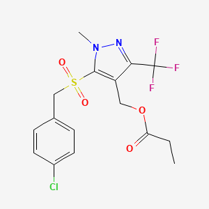 molecular formula C16H16ClF3N2O4S B2879525 [5-[(4-chlorobenzyl)sulfonyl]-1-methyl-3-(trifluoromethyl)-1H-pyrazol-4-yl]methyl propionate CAS No. 955976-43-9