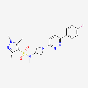 molecular formula C20H23FN6O2S B2879529 N-[1-[6-(4-Fluorophenyl)pyridazin-3-yl]azetidin-3-yl]-N,1,3,5-tetramethylpyrazole-4-sulfonamide CAS No. 2415518-16-8