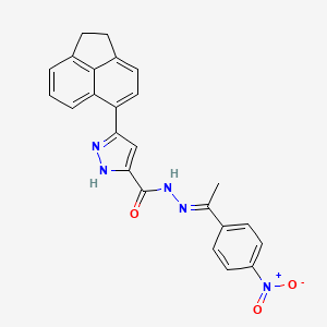 molecular formula C24H19N5O3 B2879548 (E)-3-(1,2-二氢芴-5-基)-N'-(1-(4-硝基苯基)亚甲基)-1H-吡唑-5-甲酰肼 CAS No. 1285545-35-8