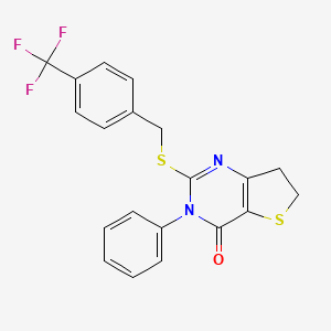 molecular formula C20H15F3N2OS2 B2879549 3-phenyl-2-((4-(trifluoromethyl)benzyl)thio)-6,7-dihydrothieno[3,2-d]pyrimidin-4(3H)-one CAS No. 686770-94-5