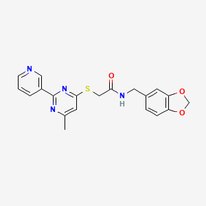 molecular formula C20H18N4O3S B2879580 N-(苯并[d][1,3]二氧杂环-5-基甲基)-2-((6-甲基-2-(吡啶-3-基)嘧啶-4-基)硫代)乙酰胺 CAS No. 1251616-28-0