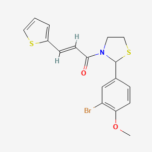 molecular formula C17H16BrNO2S2 B2879602 (E)-1-(2-(3-bromo-4-methoxyphenyl)thiazolidin-3-yl)-3-(thiophen-2-yl)prop-2-en-1-one CAS No. 2321352-78-5