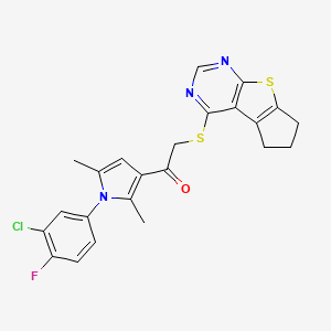 molecular formula C23H19ClFN3OS2 B2879628 1-[1-(3-chloro-4-fluorophenyl)-2,5-dimethyl-1H-pyrrol-3-yl]-2-{7-thia-9,11-diazatricyclo[6.4.0.0^{2,6}]dodeca-1(8),2(6),9,11-tetraen-12-ylsulfanyl}ethan-1-one CAS No. 501348-45-4