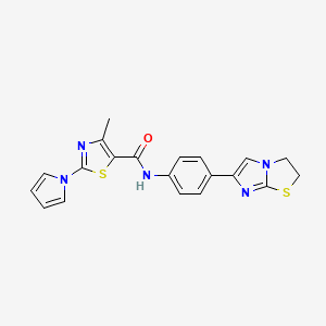 molecular formula C20H17N5OS2 B2879634 N-(4-(2,3-dihydroimidazo[2,1-b]thiazol-6-yl)phenyl)-4-methyl-2-(1H-pyrrol-1-yl)thiazole-5-carboxamide CAS No. 1209929-10-1