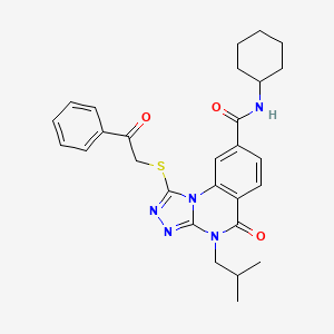 molecular formula C28H31N5O3S B2879724 N-cyclohexyl-4-isobutyl-5-oxo-1-[(2-oxo-2-phenylethyl)thio]-4,5-dihydro[1,2,4]triazolo[4,3-a]quinazoline-8-carboxamide CAS No. 1114877-23-4