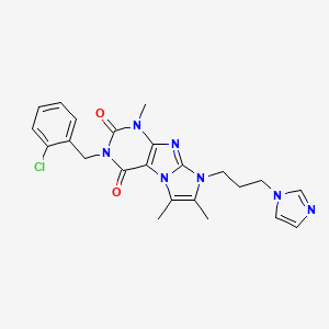 molecular formula C23H24ClN7O2 B2879725 2-[(2-Chlorophenyl)methyl]-6-(3-imidazol-1-ylpropyl)-4,7,8-trimethylpurino[7,8-a]imidazole-1,3-dione CAS No. 923454-70-0
