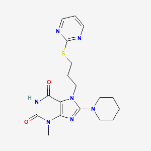 B2879775 3-Methyl-8-piperidin-1-yl-7-(3-pyrimidin-2-ylsulfanylpropyl)purine-2,6-dione CAS No. 674815-99-7