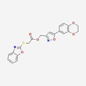 molecular formula C21H16N2O6S B2879813 (5-(2,3-Dihydrobenzo[b][1,4]dioxin-6-yl)isoxazol-3-yl)methyl 2-(benzo[d]oxazol-2-ylthio)acetate CAS No. 1203251-80-2