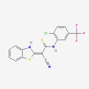 B2879835 2-(1,3-Benzothiazol-2-yl)-3-{[2-chloro-5-(trifluoromethyl)phenyl]amino}-3-sulfanylprop-2-enenitrile CAS No. 380335-48-8