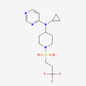 molecular formula C15H21F3N4O2S B2879989 N-Cyclopropyl-N-[1-(3,3,3-trifluoropropylsulfonyl)piperidin-4-yl]pyrimidin-4-amine CAS No. 2380145-20-8