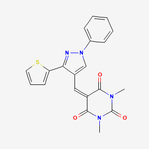 molecular formula C20H16N4O3S B2879998 1,3-Dimethyl-5-[(1-phenyl-3-thiophen-2-ylpyrazol-4-yl)methylidene]-1,3-diazinane-2,4,6-trione CAS No. 727358-86-3
