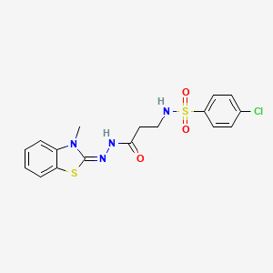 molecular formula C17H17ClN4O3S2 B2880000 (E)-4-chloro-N-(3-(2-(3-methylbenzo[d]thiazol-2(3H)-ylidene)hydrazinyl)-3-oxopropyl)benzenesulfonamide CAS No. 941938-23-4