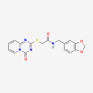 molecular formula C17H14N4O4S B2880003 N-(1,3-苯并二氧杂环-5-基甲基)-2-(4-氧代吡啶并[1,2-a][1,3,5]三嗪-2-基)硫代乙酰胺 CAS No. 896328-60-2