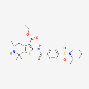 molecular formula C27H37N3O5S2 B2880006 5,5,7,7-四甲基-2-(4-((2-甲基哌啶-1-基)磺酰基)苯甲酰胺)-4,5,6,7-四氢噻吩并[2,3-c]吡啶-3-羧酸乙酯 CAS No. 449783-07-7