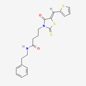 molecular formula C20H20N2O2S3 B2880043 4-[(5Z)-4-oxo-5-(thiophen-2-ylmethylidene)-2-thioxo-1,3-thiazolidin-3-yl]-N-(2-phenylethyl)butanamide CAS No. 333443-19-9