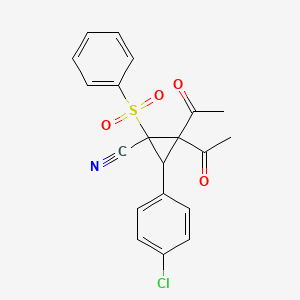 molecular formula C20H16ClNO4S B2880052 2,2-二乙酰基-1-(苯磺酰基)-3-(4-氯苯基)环丙烷-1-腈 CAS No. 860611-37-6