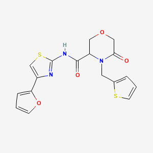 molecular formula C17H15N3O4S2 B2880147 N-(4-(furan-2-yl)thiazol-2-yl)-5-oxo-4-(thiophen-2-ylmethyl)morpholine-3-carboxamide CAS No. 1421441-14-6