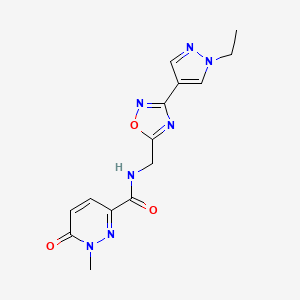 molecular formula C14H15N7O3 B2880152 N-((3-(1-ethyl-1H-pyrazol-4-yl)-1,2,4-oxadiazol-5-yl)methyl)-1-methyl-6-oxo-1,6-dihydropyridazine-3-carboxamide CAS No. 2034331-93-4