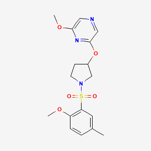 molecular formula C17H21N3O5S B2880189 2-Methoxy-6-((1-((2-methoxy-5-methylphenyl)sulfonyl)pyrrolidin-3-yl)oxy)pyrazine CAS No. 2034399-35-2