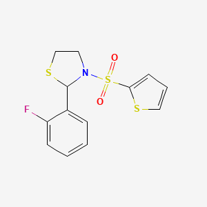 molecular formula C13H12FNO2S3 B2880259 2-(2-Fluorophenyl)-3-(thiophen-2-ylsulfonyl)thiazolidine CAS No. 2034484-02-9