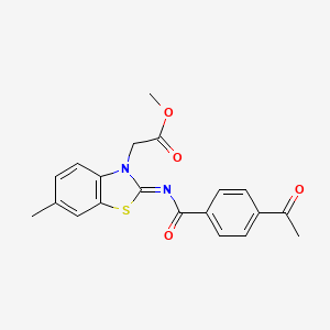 molecular formula C20H18N2O4S B2880265 Methyl 2-[2-(4-acetylbenzoyl)imino-6-methyl-1,3-benzothiazol-3-yl]acetate CAS No. 865197-29-1