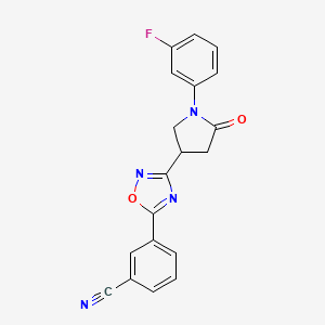 molecular formula C19H13FN4O2 B2880282 3-(3-(1-(3-Fluorophenyl)-5-oxopyrrolidin-3-yl)-1,2,4-oxadiazol-5-yl)benzonitrile CAS No. 1171582-92-5
