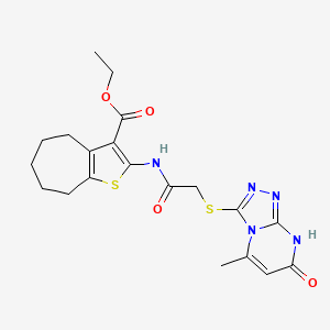 molecular formula C20H23N5O4S2 B2880314 ethyl 2-({[(5-methyl-7-oxo-7,8-dihydro[1,2,4]triazolo[4,3-a]pyrimidin-3-yl)thio]acetyl}amino)-5,6,7,8-tetrahydro-4H-cyclohepta[b]thiophene-3-carboxylate CAS No. 877639-51-5