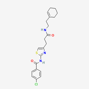 molecular formula C21H24ClN3O2S B2880339 4-chloro-N-(4-(3-((2-(cyclohex-1-en-1-yl)ethyl)amino)-3-oxopropyl)thiazol-2-yl)benzamide CAS No. 1021229-84-4