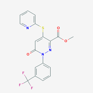molecular formula C18H12F3N3O3S B2880343 Methyl 6-oxo-4-(2-pyridinylsulfanyl)-1-[3-(trifluoromethyl)phenyl]-1,6-dihydro-3-pyridazinecarboxylate CAS No. 338395-93-0