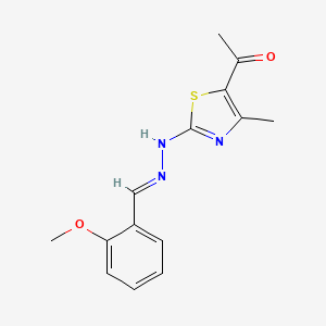 molecular formula C14H15N3O2S B2880364 (E)-1-(2-(2-(2-methoxybenzylidene)hydrazinyl)-4-methylthiazol-5-yl)ethanone CAS No. 464210-68-2