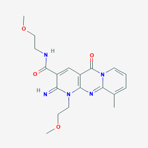 molecular formula C19H23N5O4 B2880369 2-imino-N,1-bis(2-methoxyethyl)-10-methyl-5-oxo-2,5-dihydro-1H-dipyrido[1,2-a:2',3'-d]pyrimidine-3-carboxamide CAS No. 879920-98-6