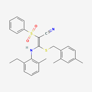 molecular formula C27H28N2O2S2 B2880410 (E)-3-((2,4-dimethylbenzyl)thio)-3-((2-ethyl-6-methylphenyl)amino)-2-(phenylsulfonyl)acrylonitrile CAS No. 866348-28-9