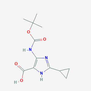 molecular formula C12H17N3O4 B2880426 2-Cyclopropyl-4-[(2-methylpropan-2-yl)oxycarbonylamino]-1H-imidazole-5-carboxylic acid CAS No. 2287344-78-7