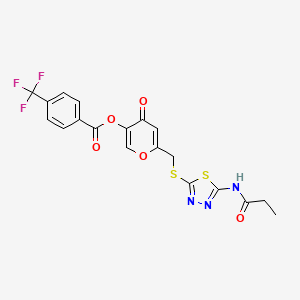 molecular formula C19H14F3N3O5S2 B2880429 4-oxo-6-(((5-propionamido-1,3,4-thiadiazol-2-yl)thio)methyl)-4H-pyran-3-yl 4-(trifluoromethyl)benzoate CAS No. 896006-55-6