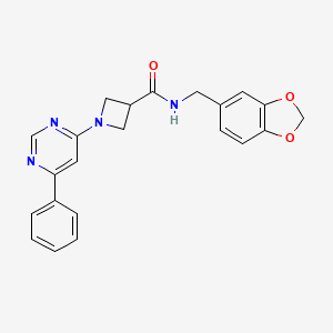 molecular formula C22H20N4O3 B2880455 N-(benzo[d][1,3]dioxol-5-ylmethyl)-1-(6-phenylpyrimidin-4-yl)azetidine-3-carboxamide CAS No. 2034618-59-0
