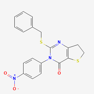 molecular formula C19H15N3O3S2 B2880472 2-(benzylthio)-3-(4-nitrophenyl)-6,7-dihydrothieno[3,2-d]pyrimidin-4(3H)-one CAS No. 850916-00-6