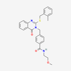 molecular formula C27H27N3O3S B2880530 N-(2-methoxyethyl)-4-((2-((2-methylbenzyl)thio)-4-oxoquinazolin-3(4H)-yl)methyl)benzamide CAS No. 941982-91-8