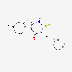 molecular formula C19H20N2OS2 B2880536 7-methyl-3-(2-phenylethyl)-2-sulfanyl-5,6,7,8-tetrahydro[1]benzothieno[2,3-d]pyrimidin-4(3H)-one CAS No. 568568-58-1