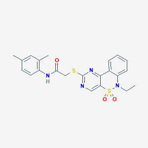 molecular formula C22H22N4O3S2 B2880547 N-(2,4-dimethylphenyl)-2-((6-ethyl-5,5-dioxido-6H-benzo[c]pyrimido[4,5-e][1,2]thiazin-2-yl)thio)acetamide CAS No. 951478-77-6