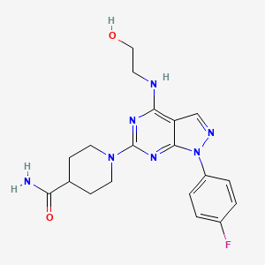 molecular formula C19H22FN7O2 B2880593 1-(1-(4-fluorophenyl)-4-((2-hydroxyethyl)amino)-1H-pyrazolo[3,4-d]pyrimidin-6-yl)piperidine-4-carboxamide CAS No. 1207045-49-5
