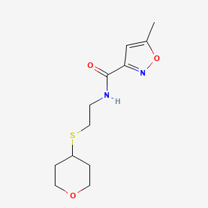 molecular formula C12H18N2O3S B2880602 5-methyl-N-(2-((tetrahydro-2H-pyran-4-yl)thio)ethyl)isoxazole-3-carboxamide CAS No. 2034491-81-9